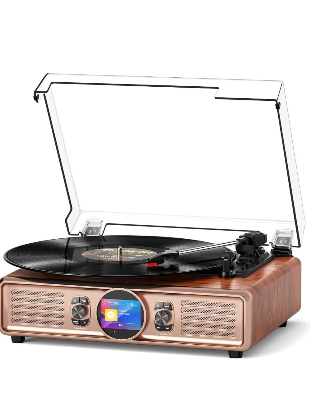 Walnut Wood Bluetooth Record Player 3-Speed Turntable with Speakers & USB